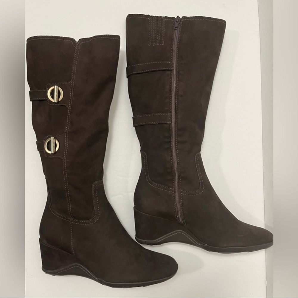 Antonio Melani Dark Brown Suede Knee High Boot Wedge Heel Zipper Women Size 9